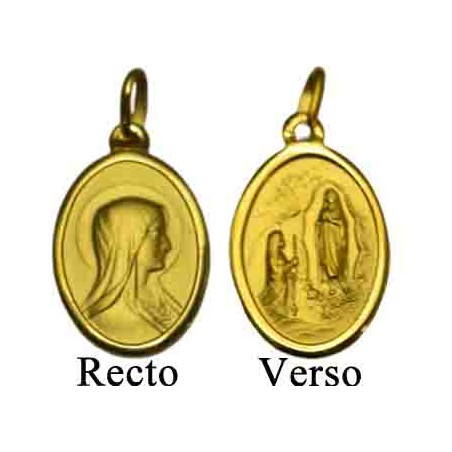 Gold plated medal of the "Virgin Mary" of Lourdes oval 18 mm.